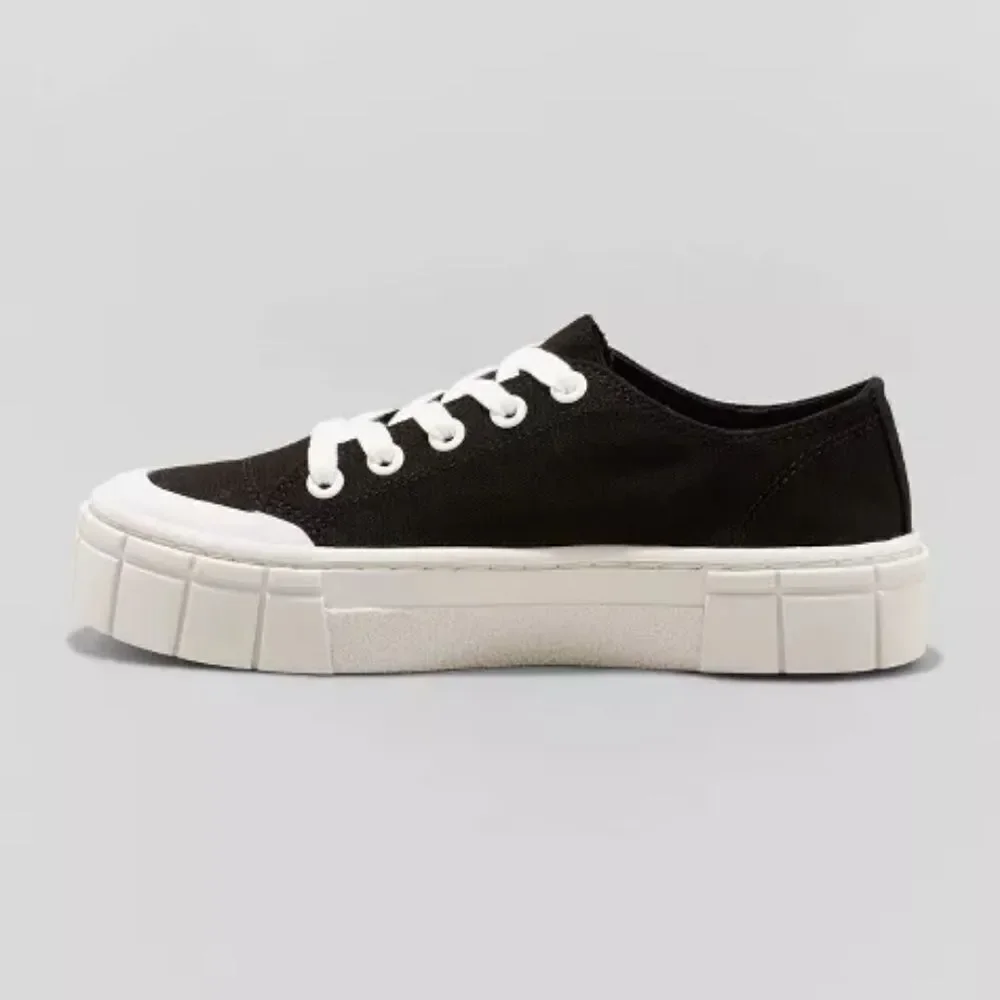 Ladies Black And White Platform Canvas Sneakers